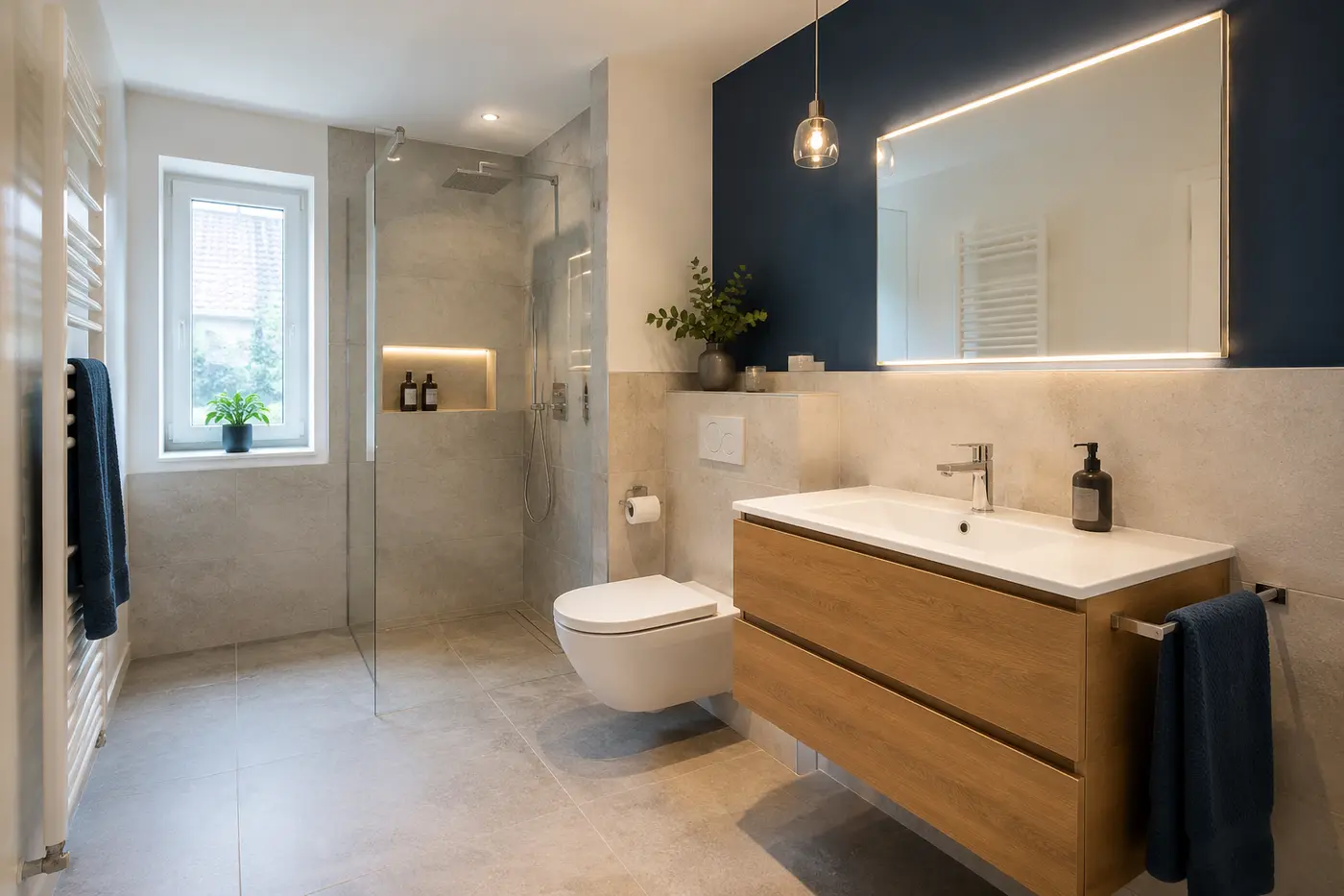 Modernes Badezimmer mit bodengleicher Dusche und wandhängenden Sanitärobjekten